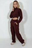 Women's Chocolate Brown Crop Jacket & Cargo Pants Set