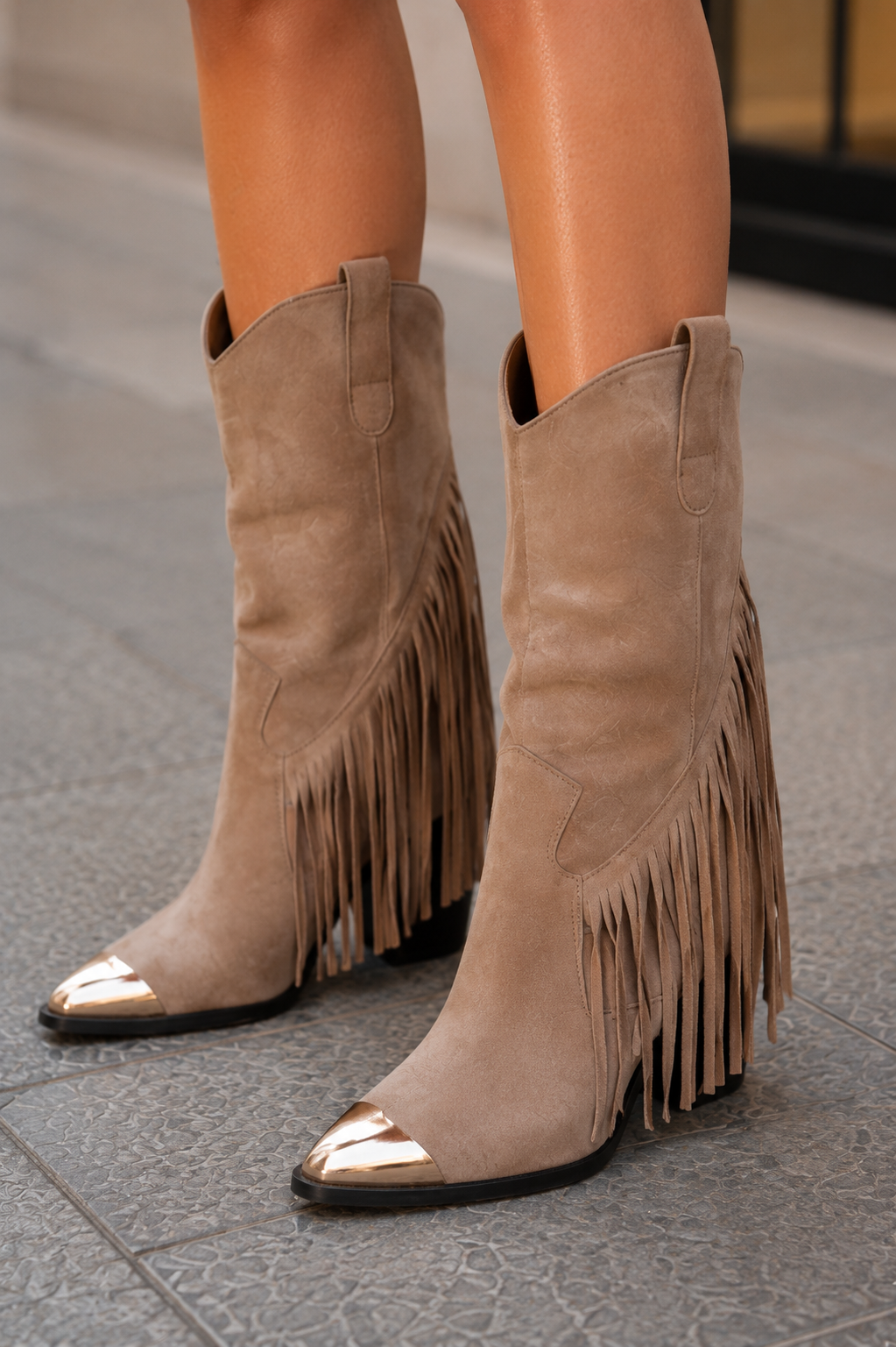 Women's Suede Fringe Western Cowboy Boots with Gold Toe Cap | Mid-Calf Pointed Toe Chunky Heel Taupe