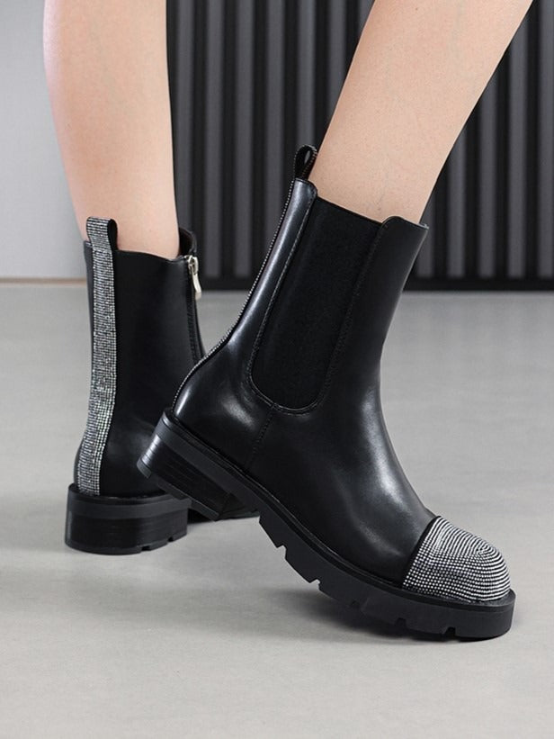 Women's Black Chunky Sole Chelsea Ankle Boots with Glitter Rhinestone Toe & Back Strip