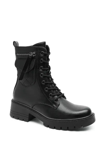 Women's Black Combat Boots with Side Zipper & Pocket