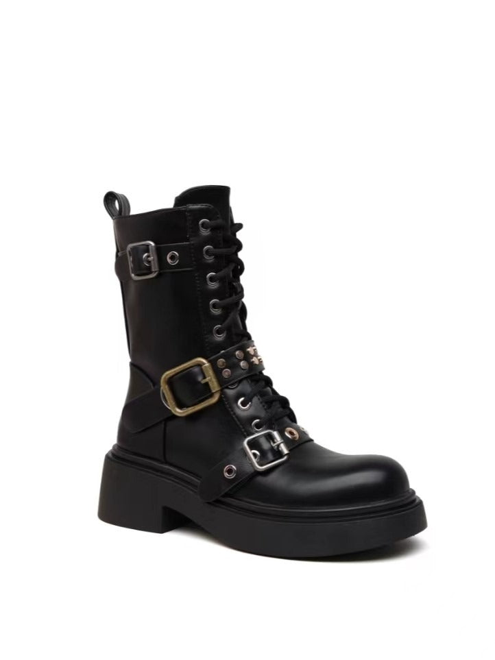 Women's Black Studded Buckle Combat Boots - Lace-Up Platform Biker Ankle Boots