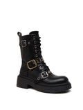 Women's Black Studded Buckle Combat Boots - Lace-Up Platform Biker Ankle Boots