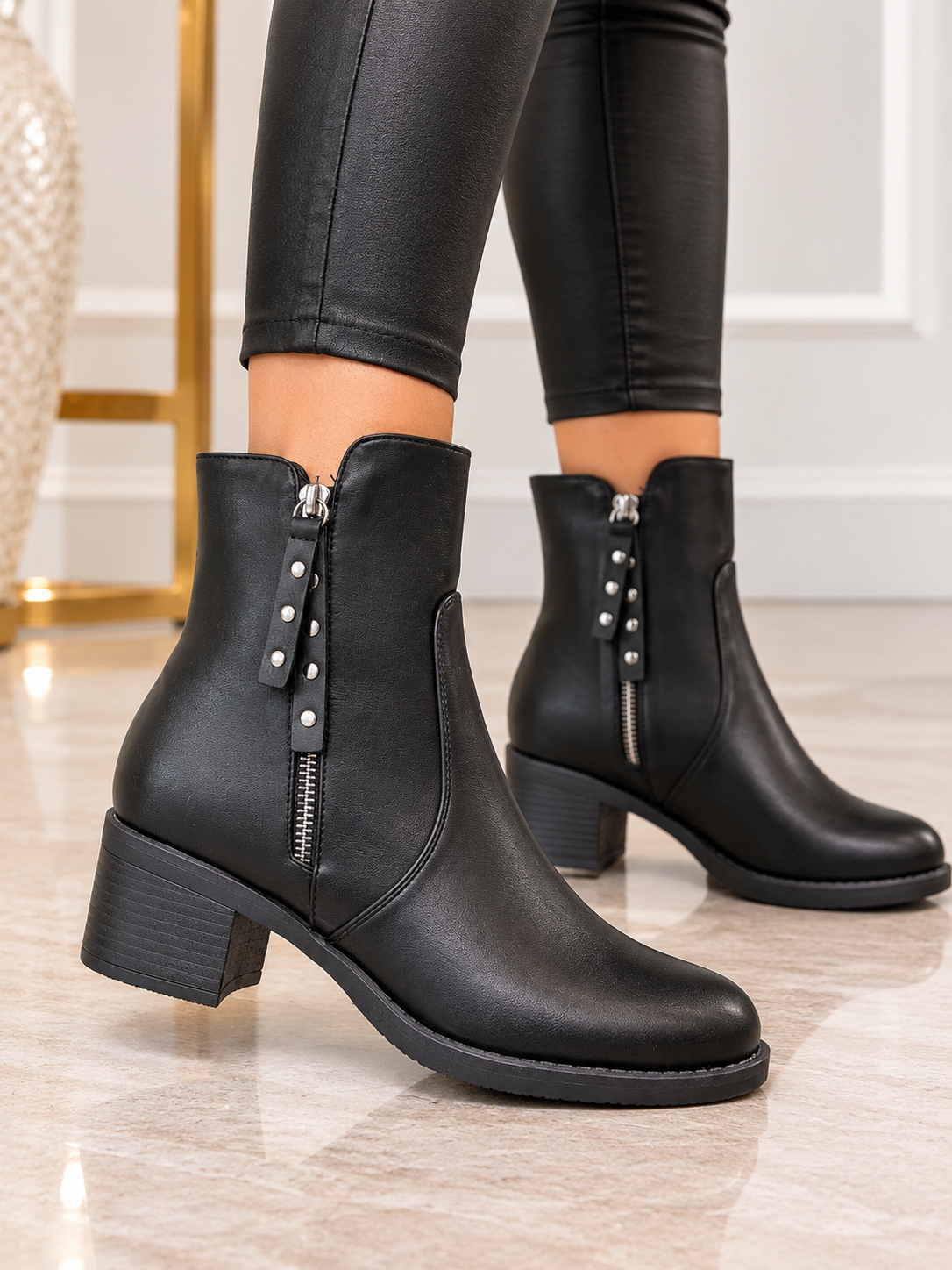Womens Black Comfortable Lightweight Black Studded Block Heel Ankle Boots