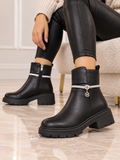 Womens Black Diamante Charm Chunky Ankle Boots