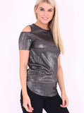 Black Metallic Pleated Cut Shoulder Top