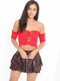 Wine Sequin Frill Layered Skort