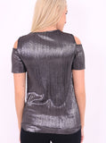 Black Metallic Pleated Cut Shoulder Top