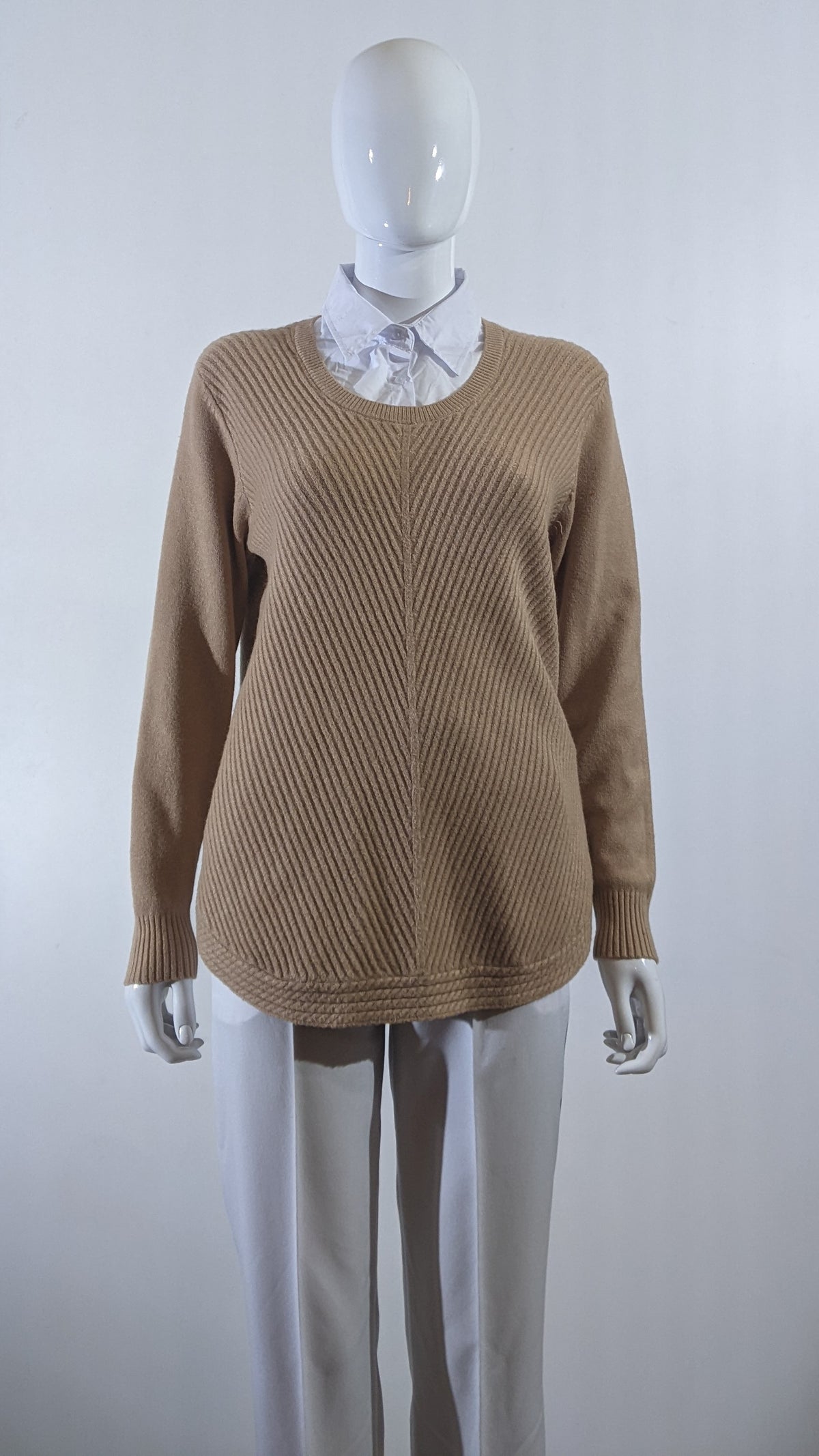 Beige Ribbed Soft Touch Jumper with Shirt Collar
