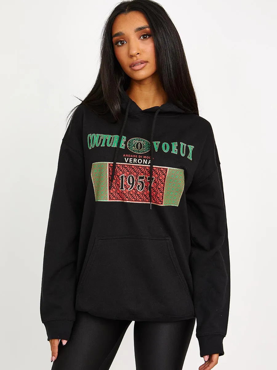 Black Couture Voeux Graphic Print Fleeced Hoodie