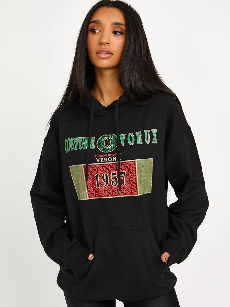Black Couture Voeux Graphic Print Fleeced Hoodie