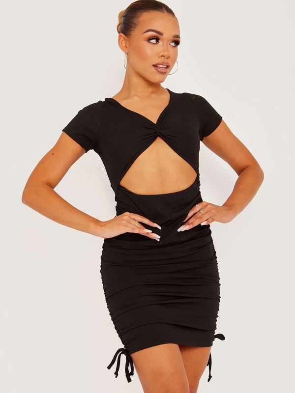 Black Cut Out Twist Front Ruched Ribbed Dress