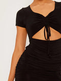 Black Front Ruched Slinky Cut Out Dress
