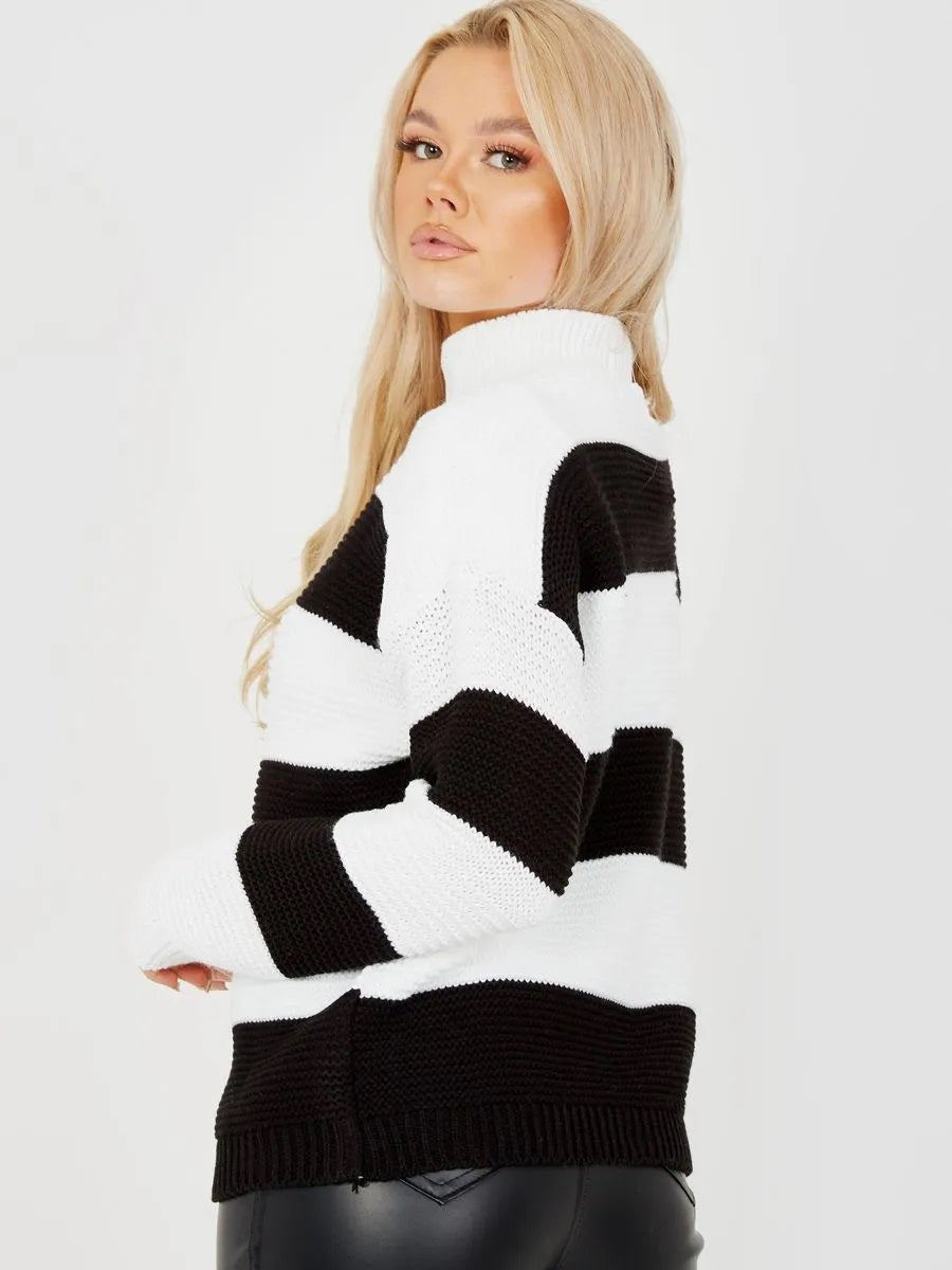 Black Funnel Neck Striped Knitted Jumper