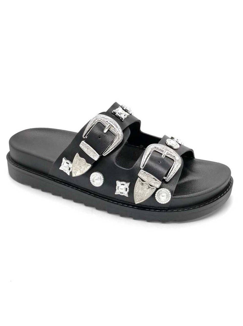 Black Chunky Sole Double Buckle Studded Sliders