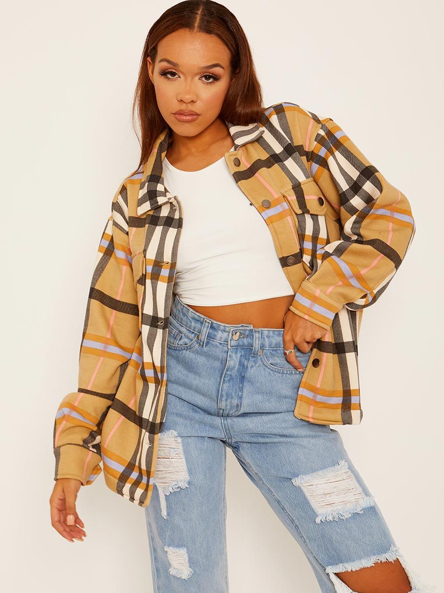 Camel Oversized Checked Shirt Jacket