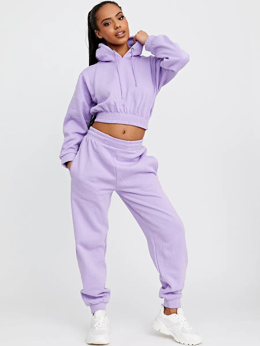 Lilac Purple Cropped Hoodie Jogger Fleece Loungewear Co ord