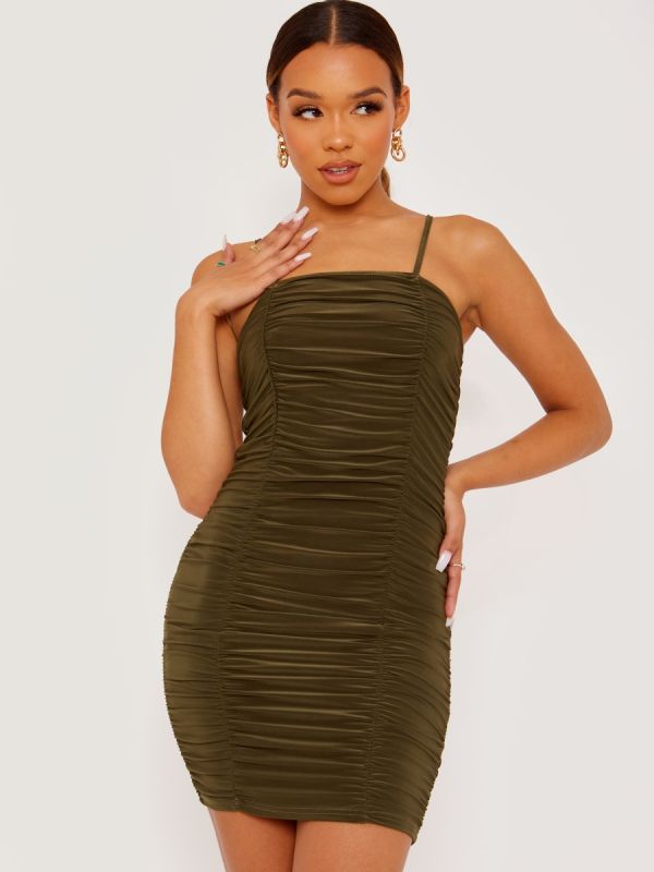 Olive Ruched Slinky Cami Dress