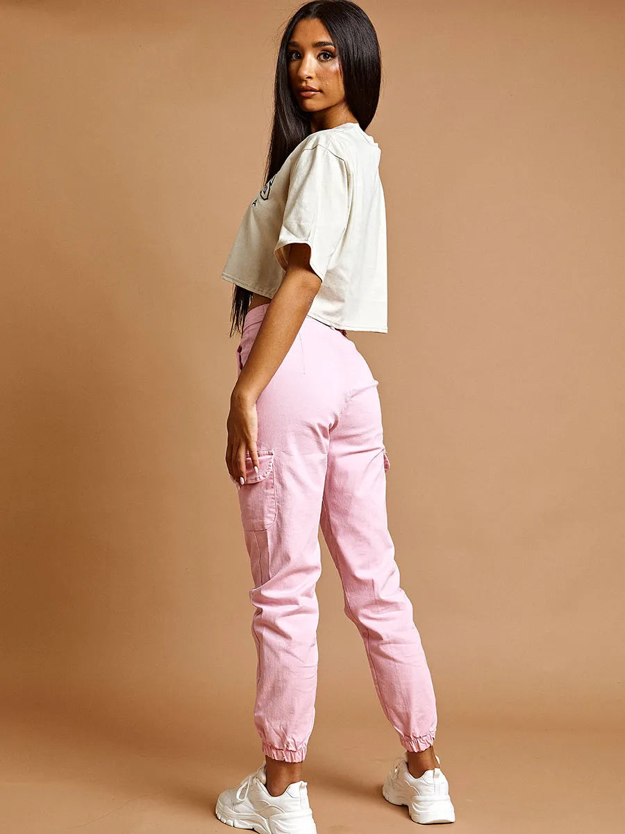 Pink Cargo Combat Pocket Jeans Trousers –