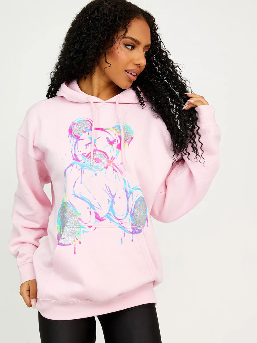 Pink Multicolour Teddy Bear Graphic Print Hoodie