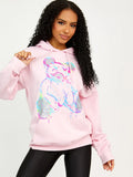 Pink Multicolour Teddy Bear Graphic Print Hoodie