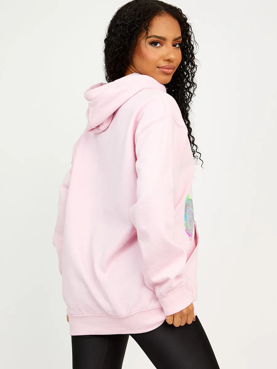 Pink Multicolour Teddy Bear Graphic Print Hoodie