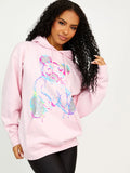 Pink Multicolour Teddy Bear Graphic Print Hoodie