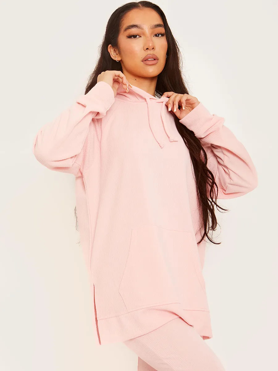 Pink Top & Flared Trousers Ribbed Loungewear Co-ord