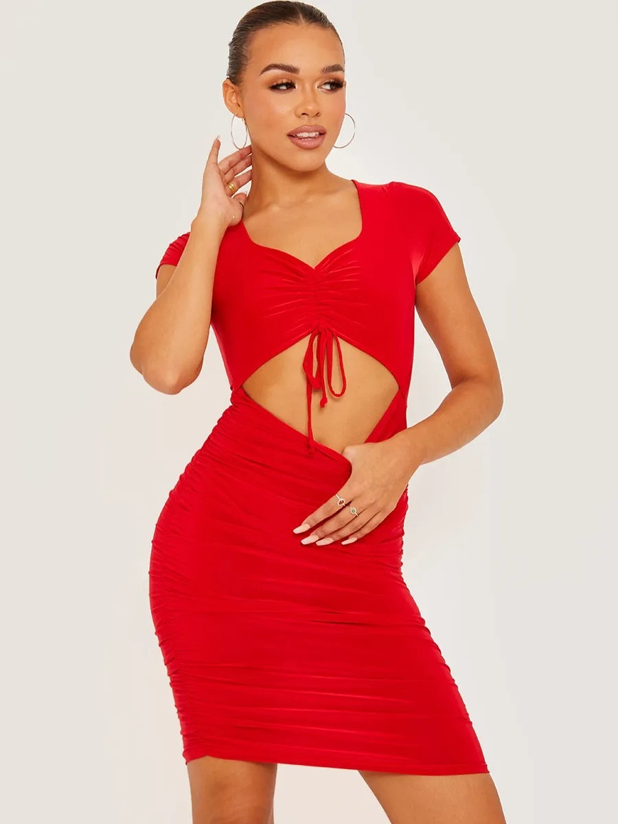 Red Front Ruched Slinky Cut Out Dress