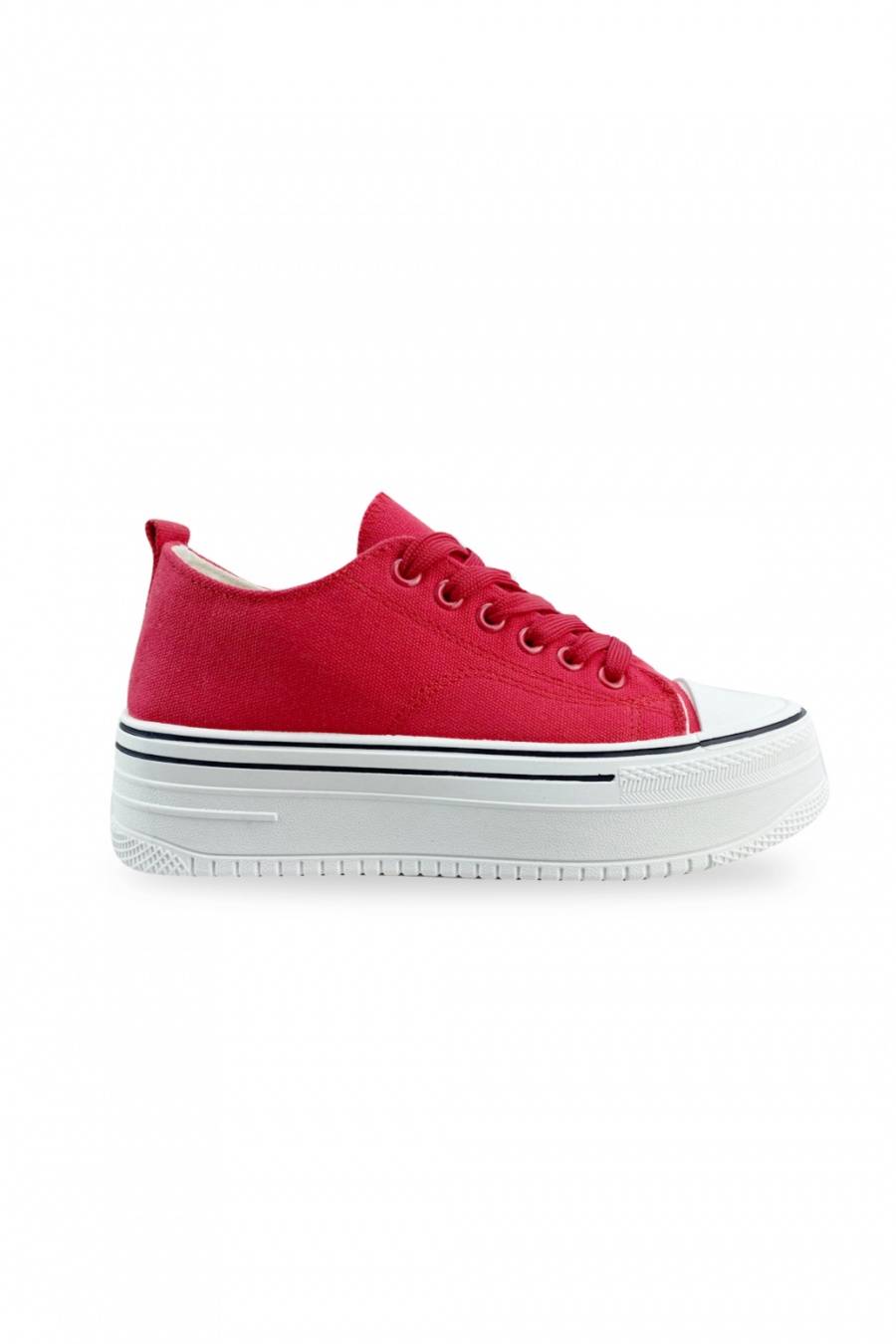 Red Thick Chunky Platform Lace Up Canvas Trainers 