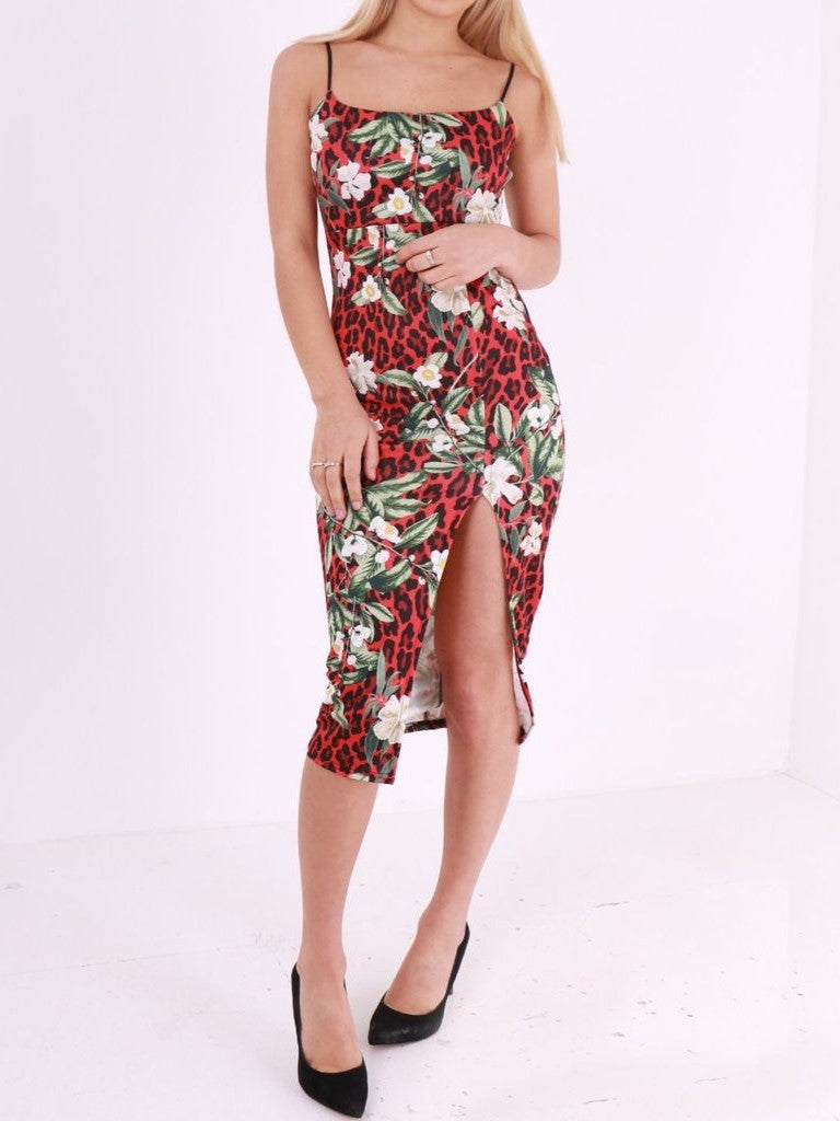 Red Wrap Front Floral Midi Dress