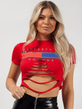 Red 'Property of No One' Cut Front Crop Top