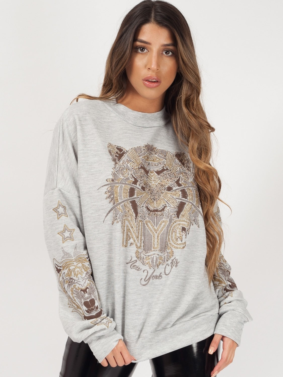 Grey Tiger Printed Sequin Sweatshirt