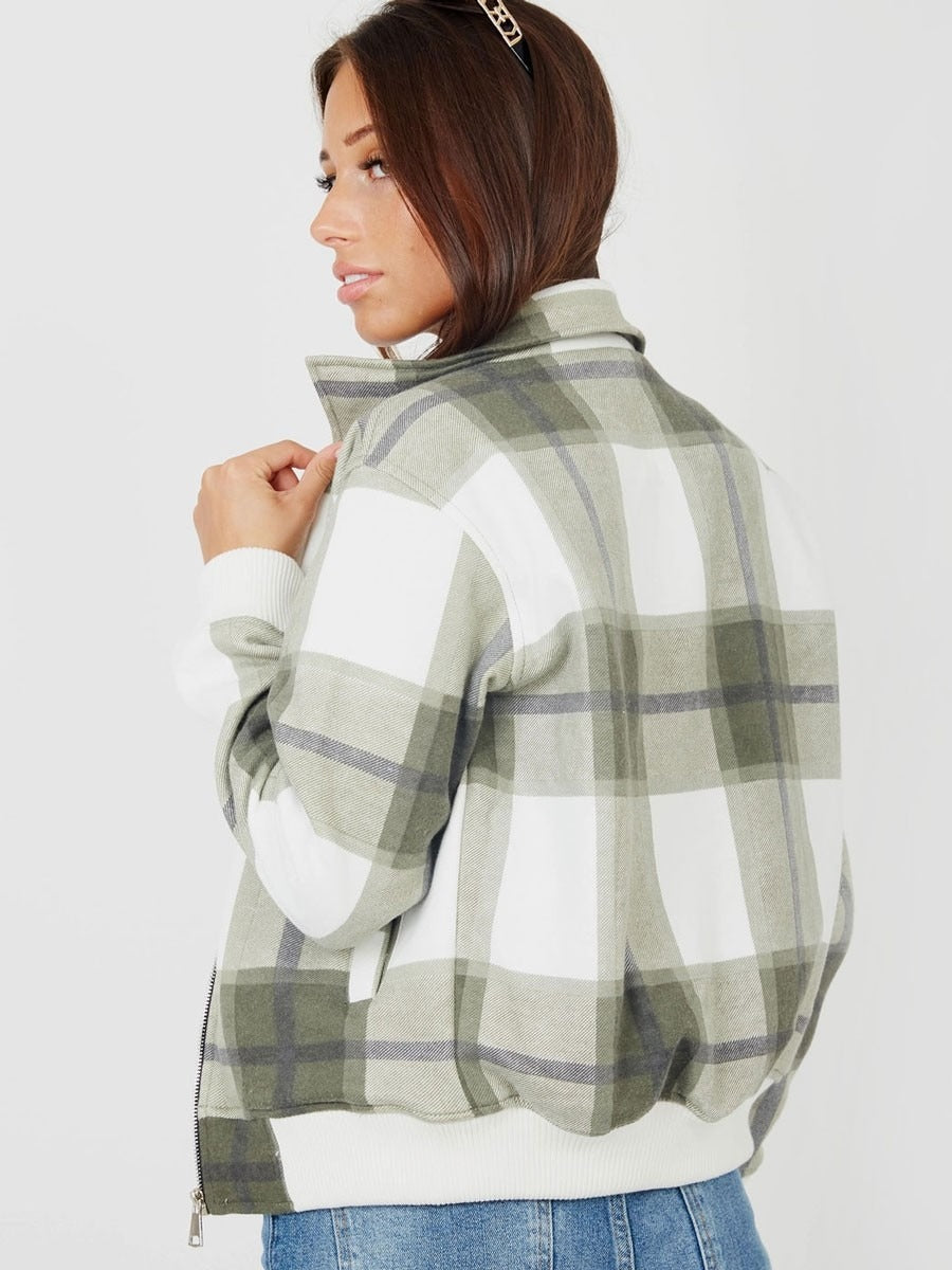 Khaki Zipped Checked Jacket