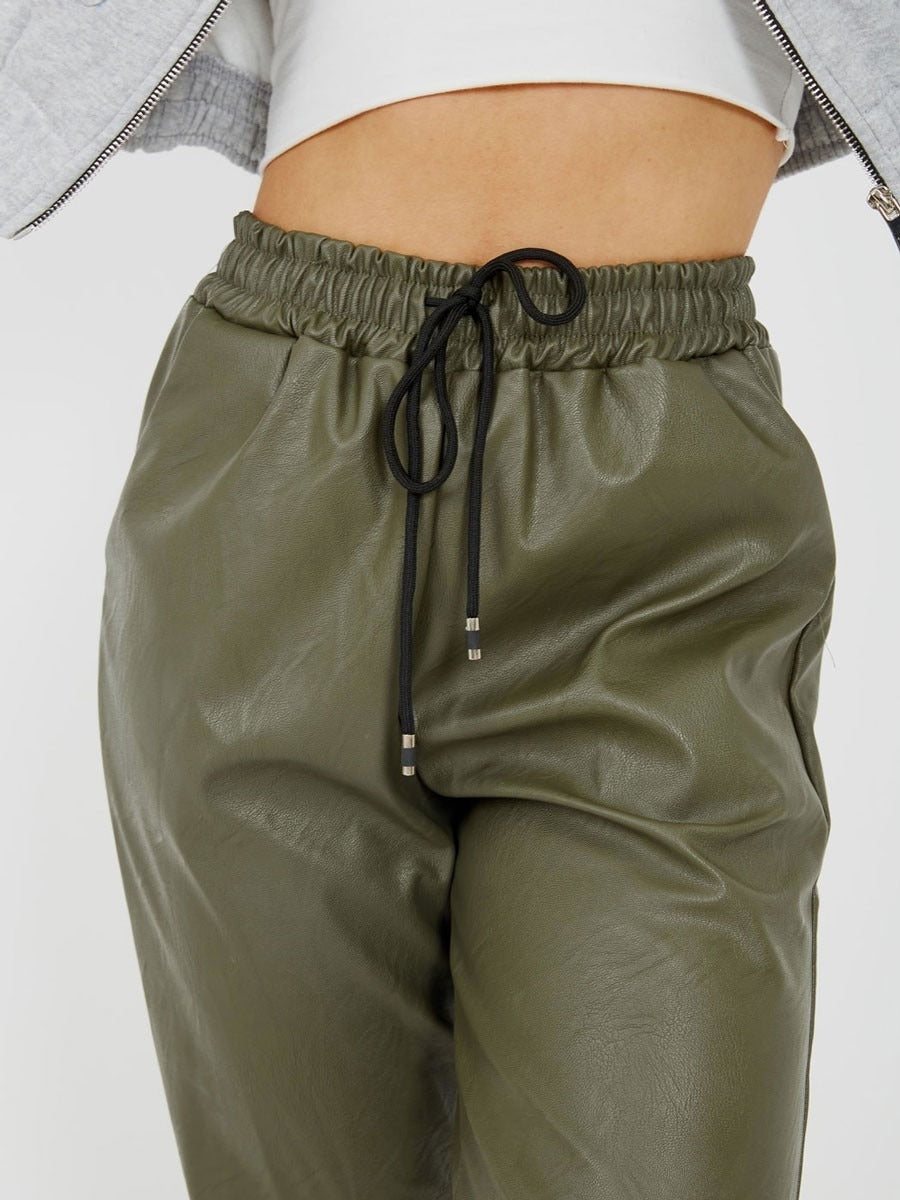 Khaki Green Faux Leather PU Jogger Trouser