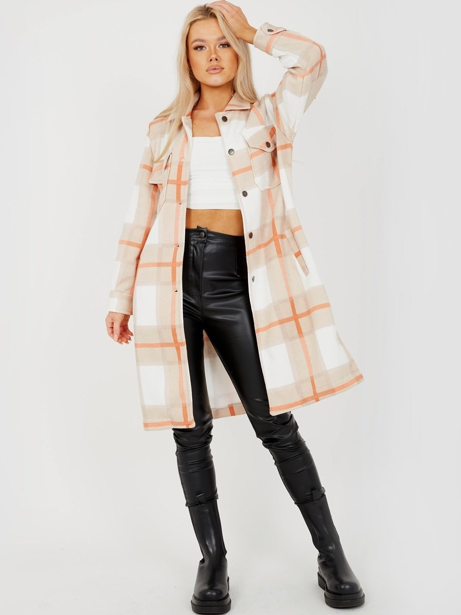 Beige Longline Check Jacket Shacket