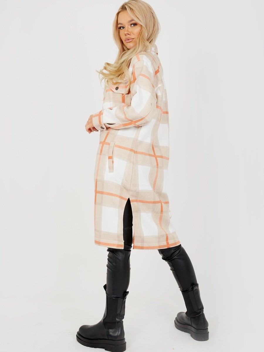 Beige Longline Check Jacket Shacket