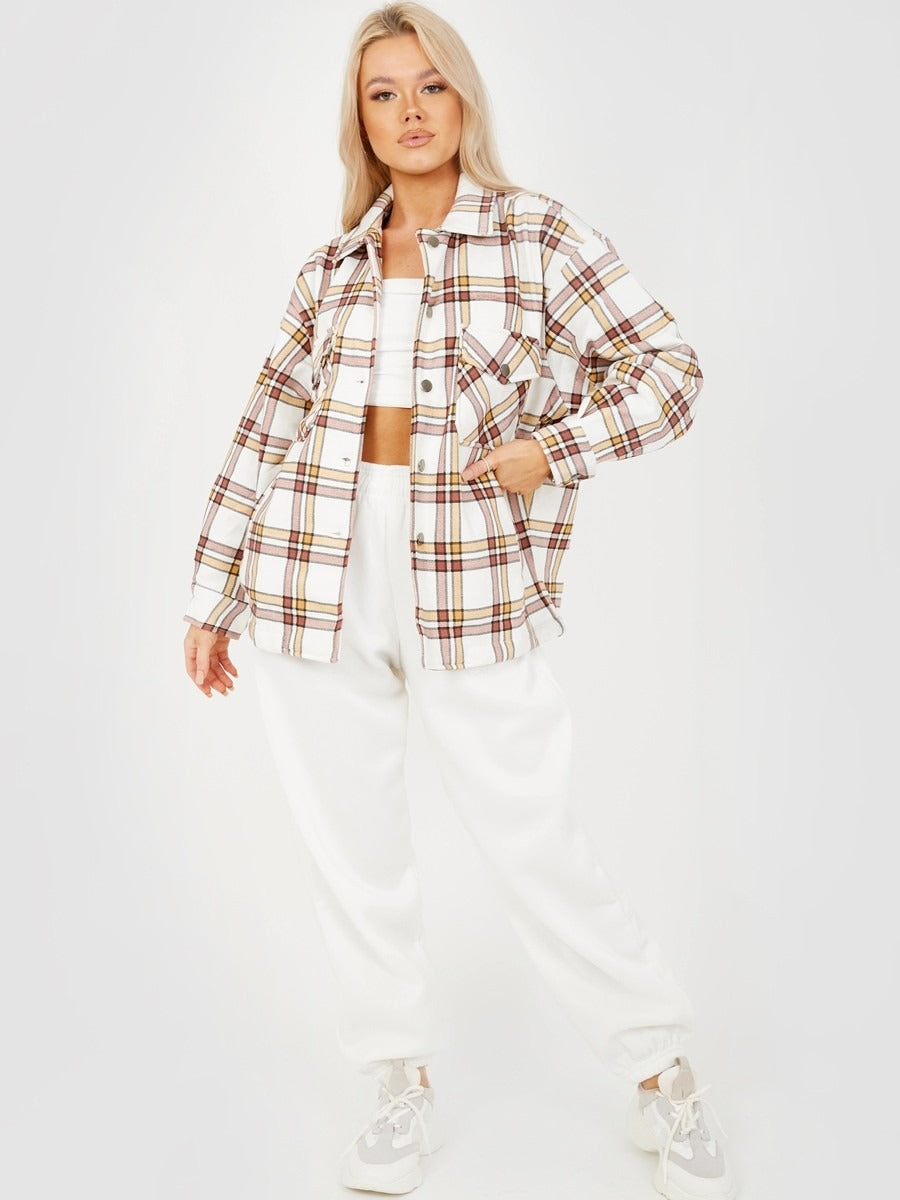 Stone Oversized Checked Shirt Jacket