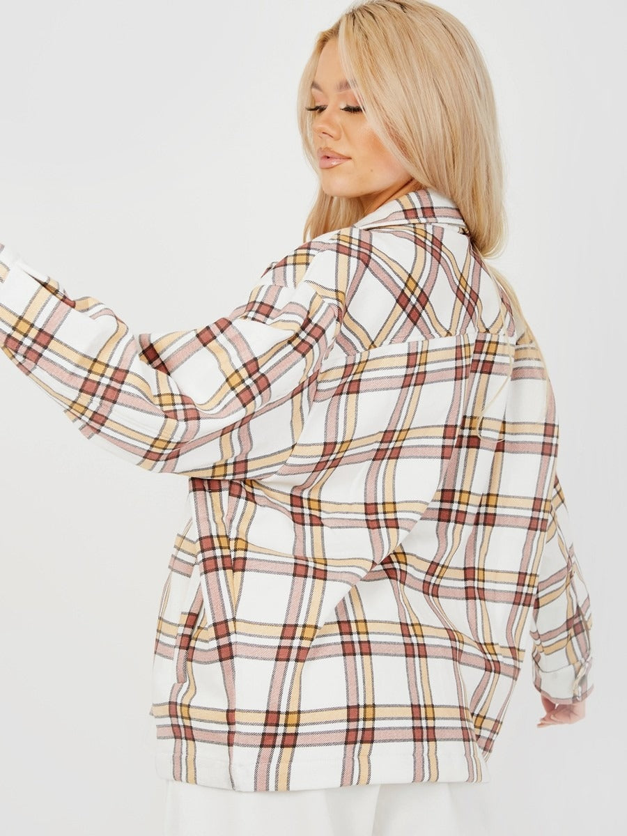 Stone Oversized Checked Shirt Jacket
