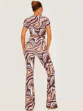 Stone Marble Print Ribbed Flared Trousers