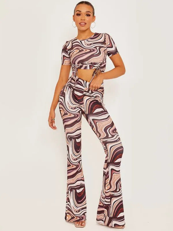 Stone Marble Print Ribbed Flared Trousers
