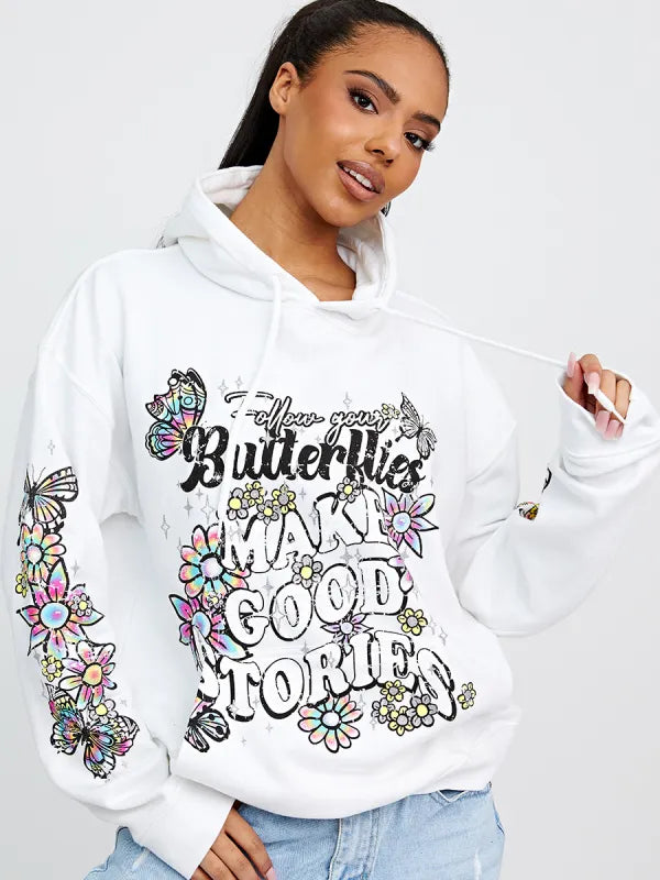 White Make Good Stories Butterfly Graphic Print Oversized Hoodie
