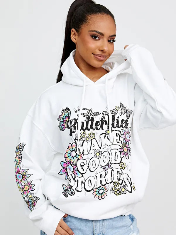 White Make Good Stories Butterfly Graphic Print Oversized Hoodie