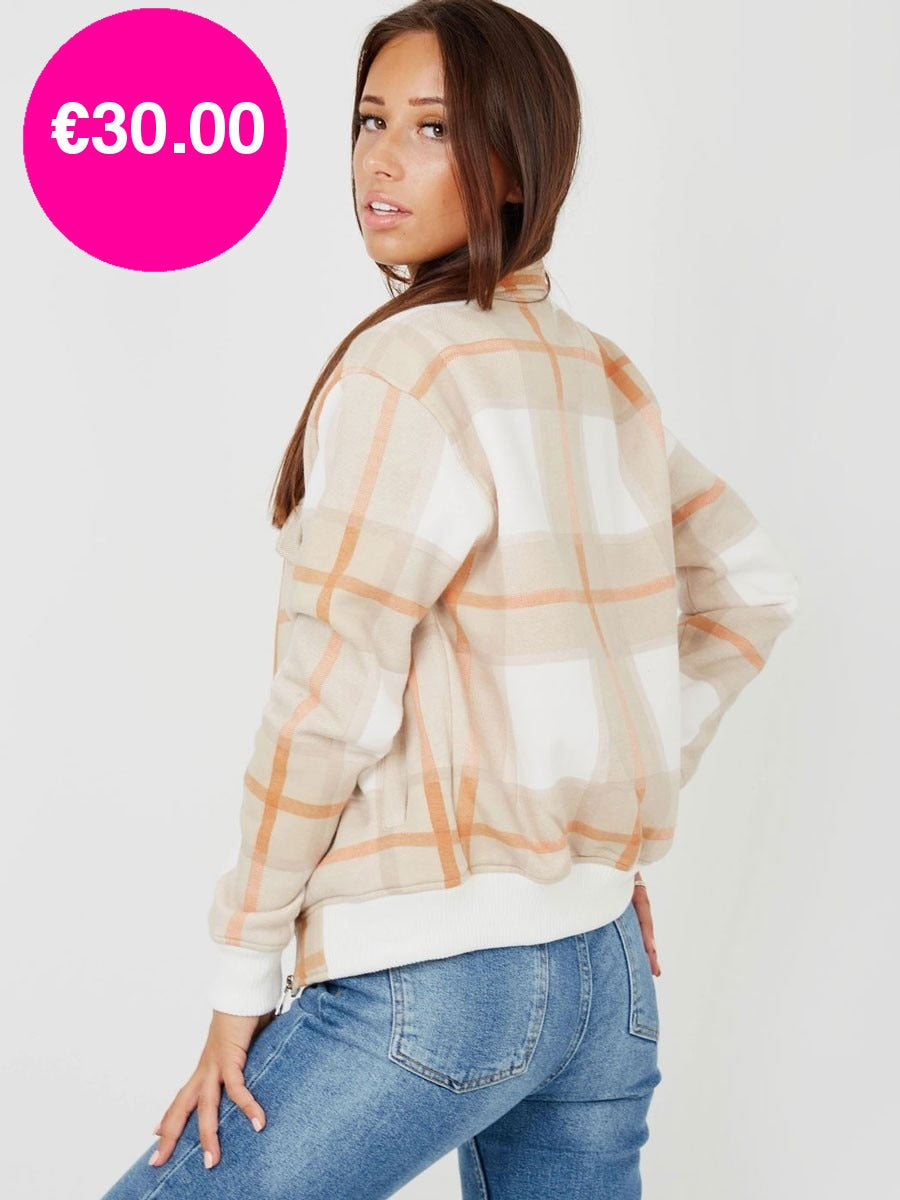 Beige Zipped Checked Jacket