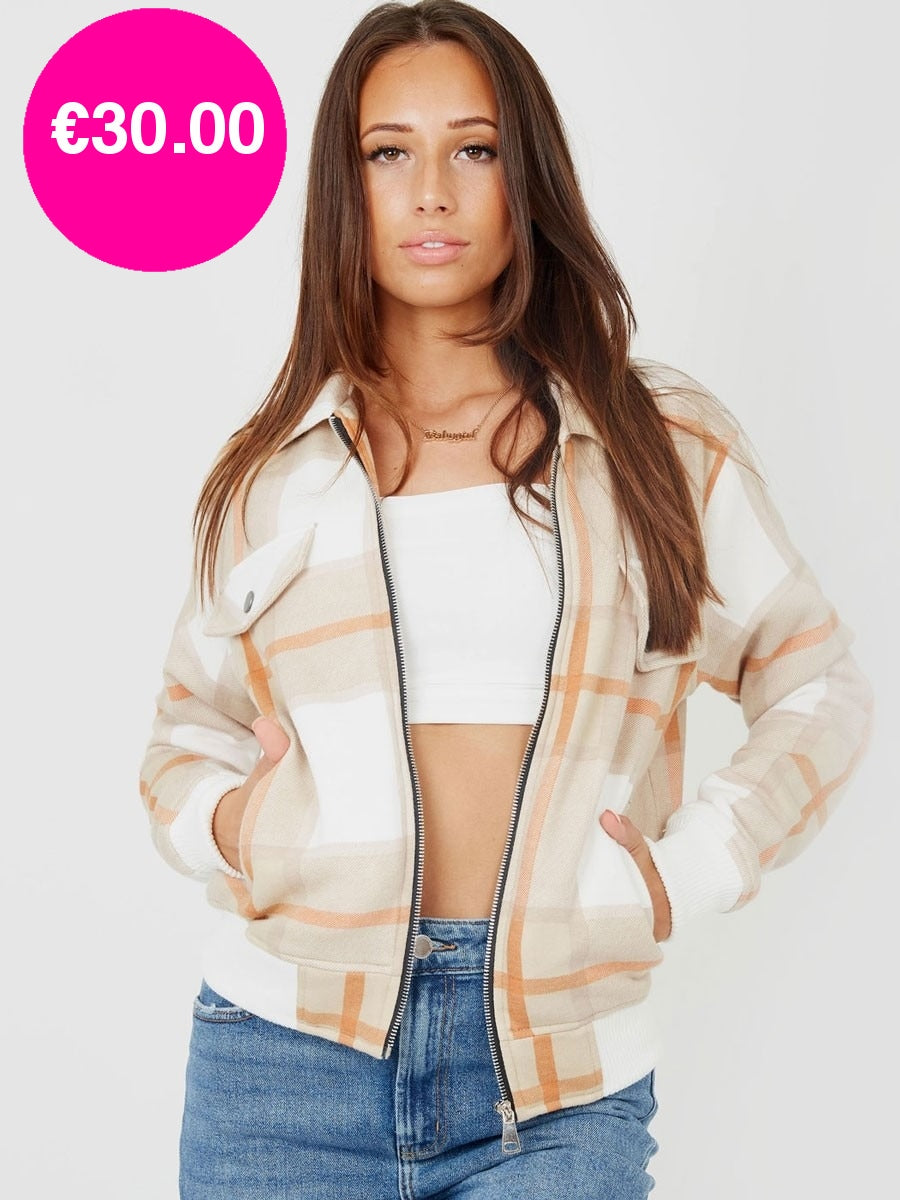 Beige Zipped Checked Jacket