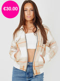 Beige Zipped Checked Jacket