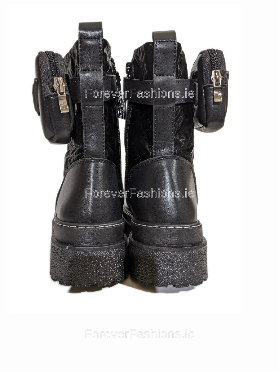 Black Chunky Sole Biker Boots with Pocket