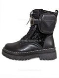 Black Chunky Sole Biker Boots with Pocket