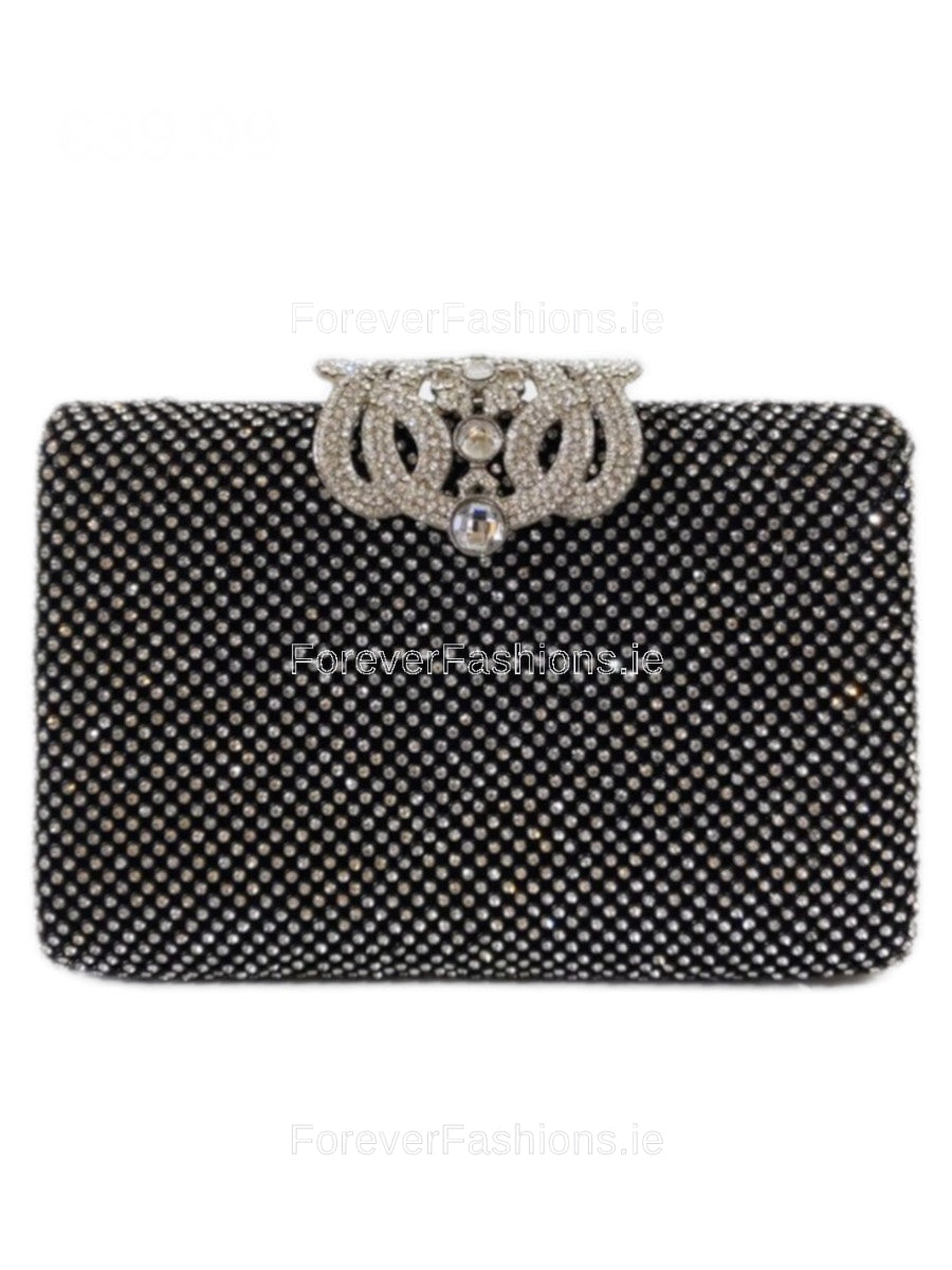 Black Diamante Embellished Diamond Design Clutch Bag