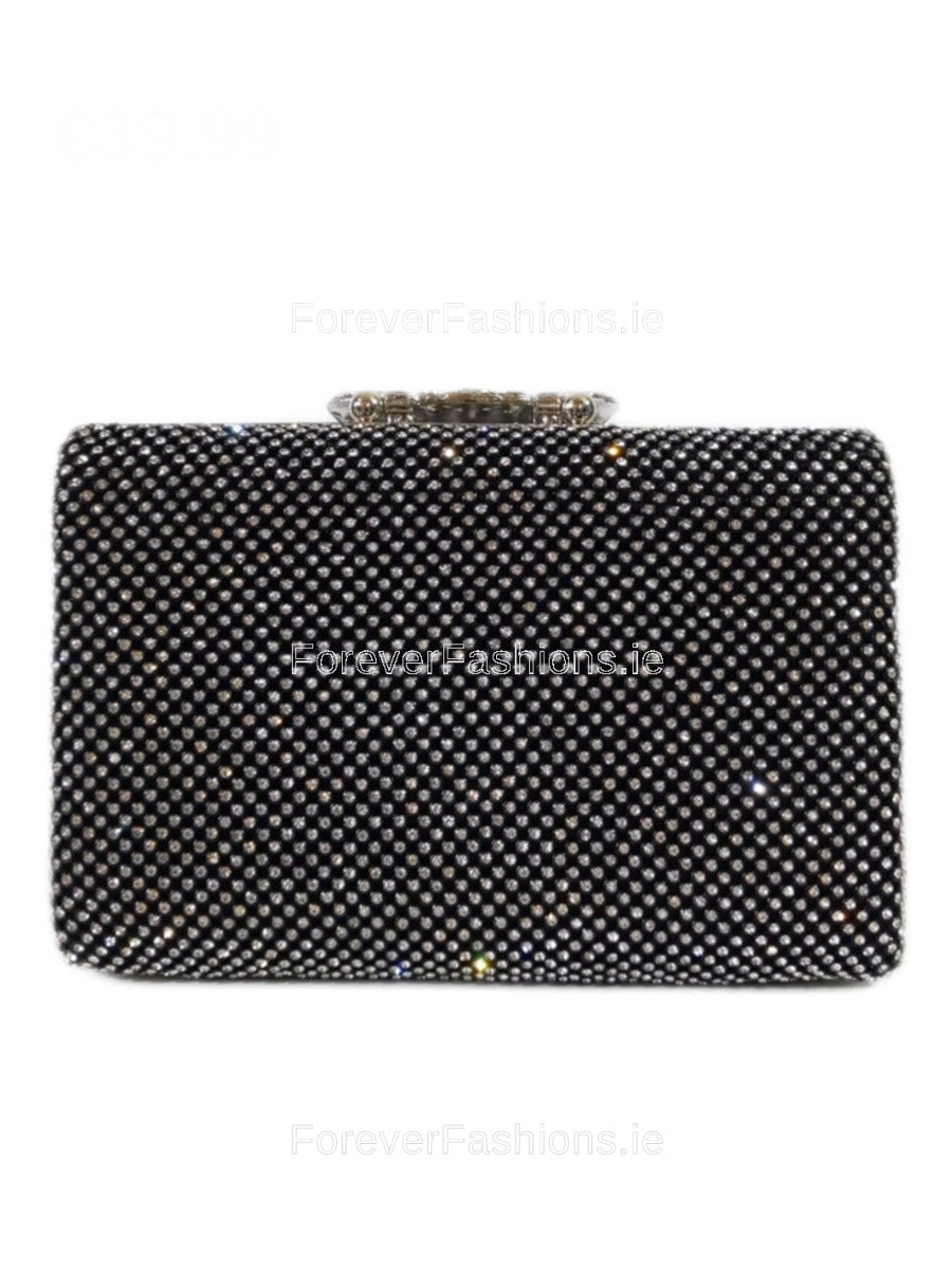 Black Diamante Embellished Diamond Design Clutch Bag