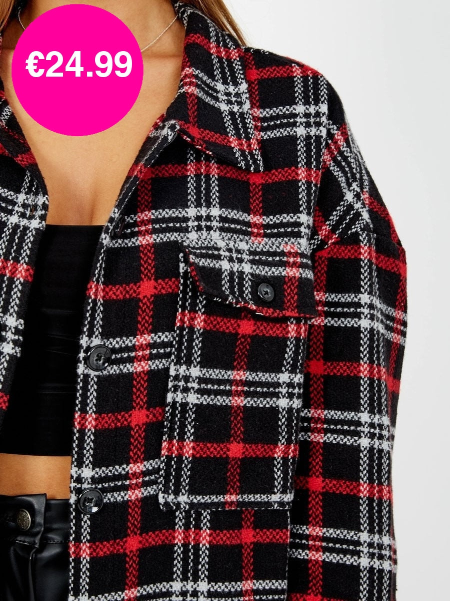 Black Wool Blend Long Check Shacket Coat